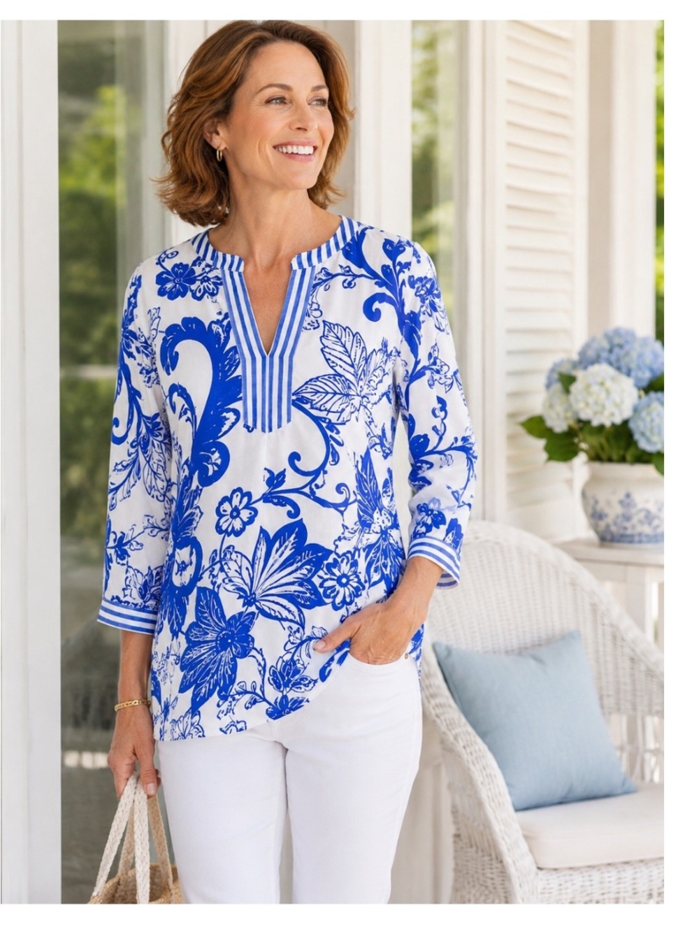 TALBOTS Cobalt and white Floral Tunic TopLP